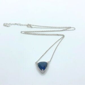 Vtg Sterling Silver Blue & White Trillion Cut Halo Necklace 18” + 1.8 Extender